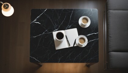 Top view of black marble coffee table in bright colours 