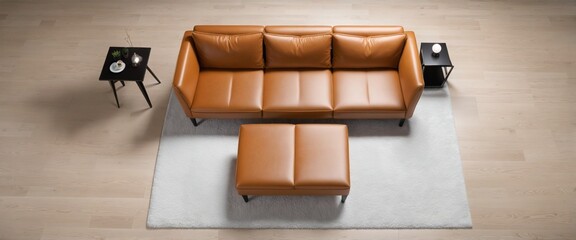 Top view of caramel leather sofa in bright colours 