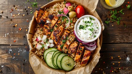 Fast food, brown rice pilaf, souvlaki with grilled chicken, tzatziki, cucumbers, tomatoes, pickled red onion, olives, radishes, Feta cheese, with hot tahini sauce. - obrazy, fototapety, plakaty