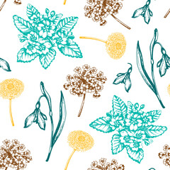 Vintage seamless pattern with snowdrops and primroses - obrazy, fototapety, plakaty