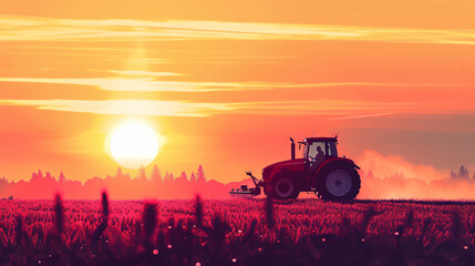 Fototapeta premium irrigation tractor driving spraying or harvesting an agricultural crop at sunset with information infographic data datum as banner design for agriculture industry 