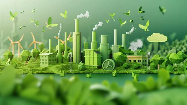 Green industry eco power for sustainable energy environmental friendly low carbon footprint. Green factory industry for good environment ozone air low carbon 