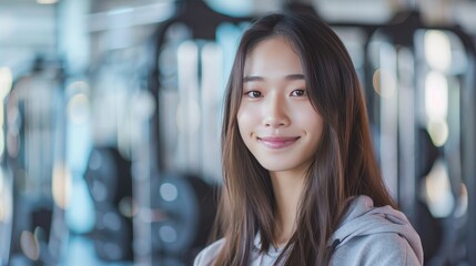 Radiant Asian Woman Smiling in Gym Setting: Beauty, Confidence, and Wellness - obrazy, fototapety, plakaty
