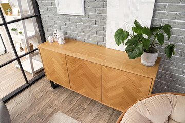 Wooden sideboard with houseplant and decor in interior of modern living room