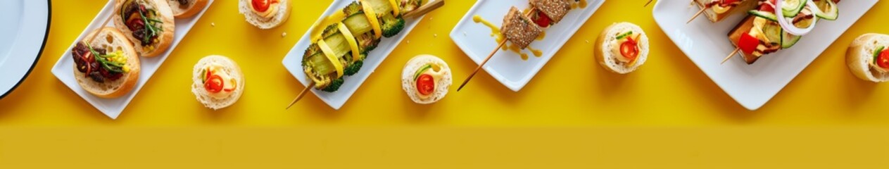 Finger food, deliciously served with decoration, with yellow background.