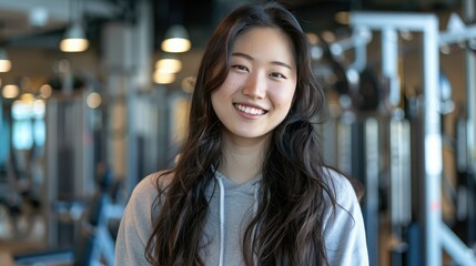 Radiant Asian Woman Smiling in Gym Setting: Beauty, Confidence, and Wellness