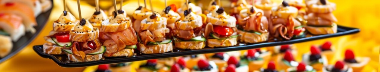 Finger food, deliciously served with decoration, with yellow background.