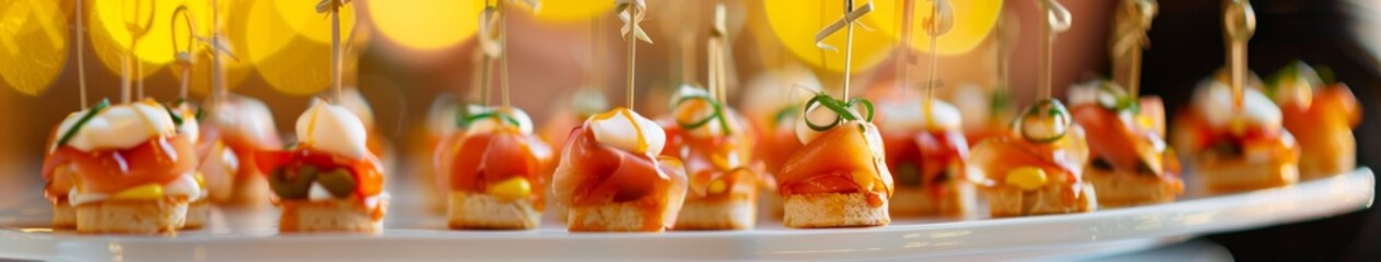 Finger food, deliciously served with decoration, with yellow background. - obrazy, fototapety, plakaty