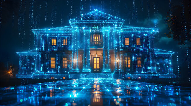 Digital Town Hologram Scanning,
Moonlit Bruce Wayne's Manor with Bluish Gray Neon Lighting Captured on Google Street View
