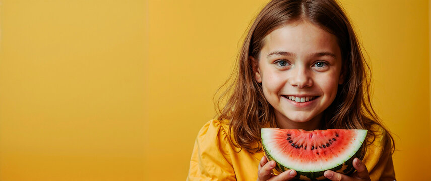 Little girl holding a watermelon on an isolated yellow background. Empty space for text.