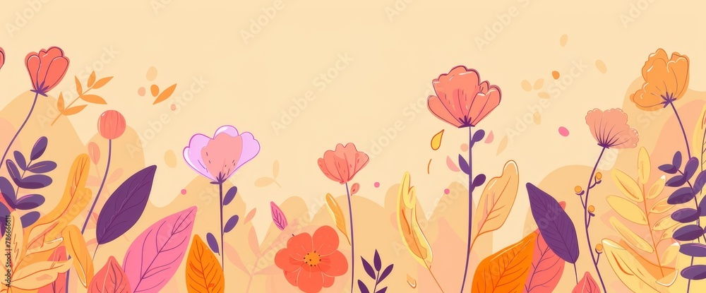 Poster background with autumn flowers and plants on a beige background in warm colors with a simple design 