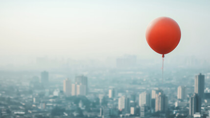 Single red balloon floats over hazy cityscape. Urban backdrop casts sense of solitude and contrast