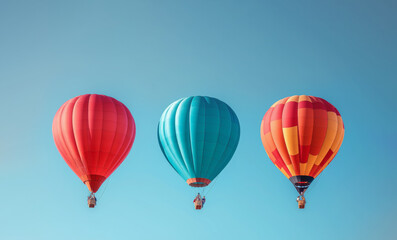 Three hot air balloons soar in clear blue sky. Vibrant colors create joyful and adventurous mood