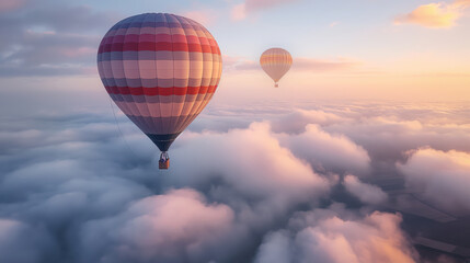 Hot air balloons rise above clouds at dawn. Warm sunrise hues envelop serene sky