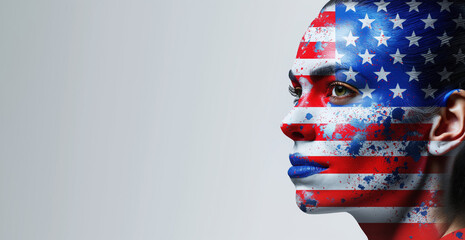 Profile of person with American flag face paint, evokes a thoughtful mood. White background accentuates the vibrant patriotic colors