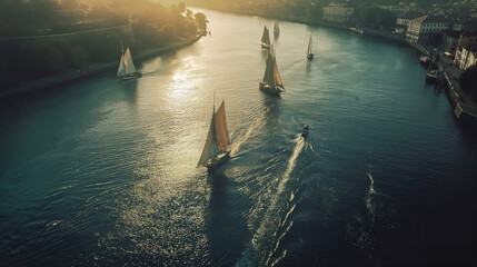 Sailboats glide on river in golden hour light, cityscape flanks serene waterway. Sunset casts peaceful glow on scene