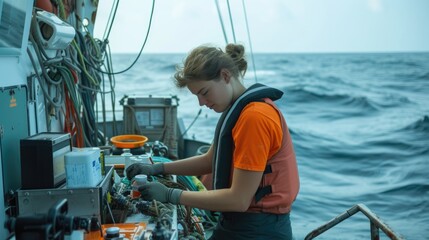 A marine scientist examines water samples on a research vessel, conducting environmental analysis on the open sea. AIG41 - obrazy, fototapety, plakaty