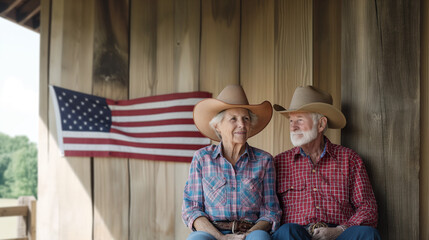 Elderly couple in cowboy hats sits together, American flag in background symbolizes their enduring unity. Comfort and history reflected in their companionship