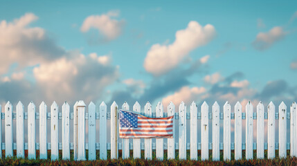 American flag hangs on white picket fence, clear blue sky and fluffy clouds evoke classic suburban dream. Symbol of pride and tranquility in home setting