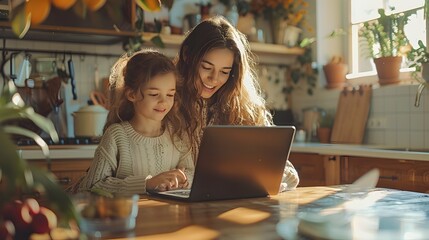 Mother and Daughter Collaborating on Laptop in Warm Kitchen Atmosphere