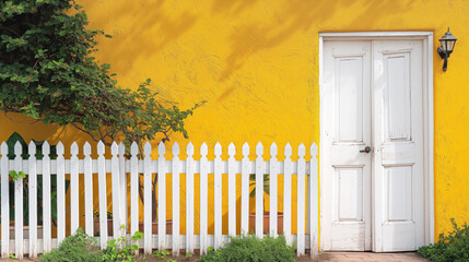 White picket fence and door against vibrant yellow wall, lush greenery adds life. Scene radiates warmth and welcoming suburban charm