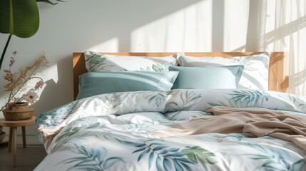 A beautifully lit bedroom with botanical-themed bedding and a fresh, vibrant plant adding a touch of nature's charm..