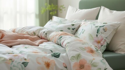 A beautifully lit bedroom with botanical-themed bedding and a fresh, vibrant plant adding a touch of nature's charm..