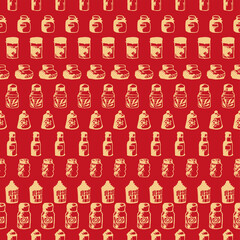 Seamless print pattern with jars and bottles with different food kitchen wallpaper background for textile, paper 