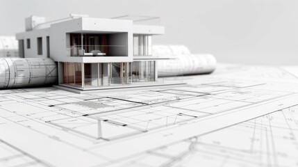 A detailed architectural model of a house sits atop blueprint plans, symbolizing construction planning and design..