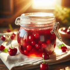 canned cherries in a sunlit glass jar. the comfort of a homemade treat