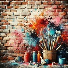 Paint cans and brushes on an old brick wall background with colorful paint splatters