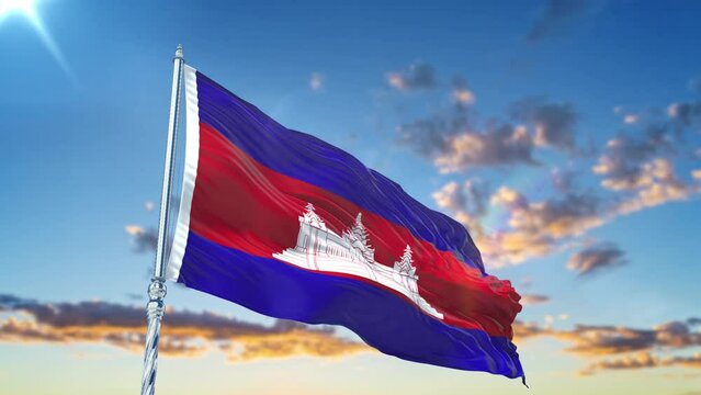 Cambodia flag Waving Realistic With Sky