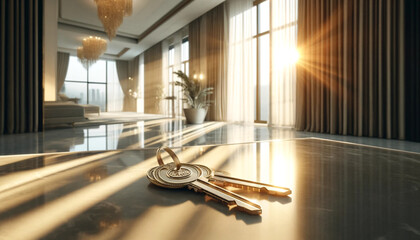 A close-up image of a pair of elegant keys lying on a table, with the soft glow of the morning light of a new apartment. This image suggests a theme of real estate investment and the upscale market. - obrazy, fototapety, plakaty