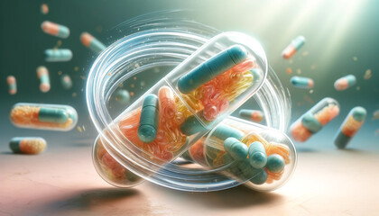 Close-up image of probiotic capsules, each filled with active rotating probiotics. The image reflects the theme of improving digestive health through natural supplements. - obrazy, fototapety, plakaty