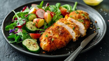 Cordon bleu dish with baked potatoes and salad