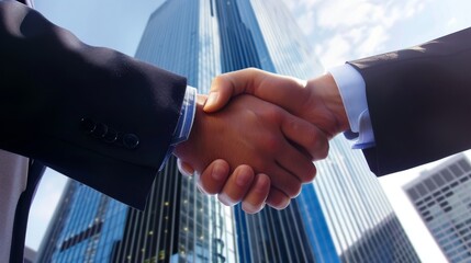 Two professionals shaking hands with skyscrapers in the background symbolizing a business deal.