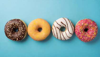 Top above overhead close up flatlay view photo of four nice tasty donuts lying in a row isolated over blue color background with empty blank space
