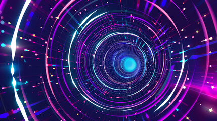 Abstract vector illustration of the wormhole, portal to another dimension with blue lines and colorful circular patterns on a purple background. In the style of retro futurism.