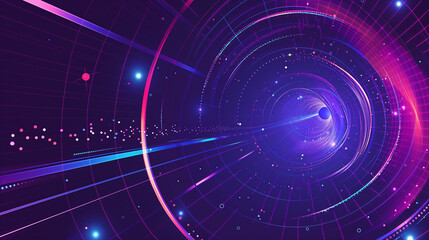 Abstract vector illustration of the wormhole, portal to another dimension with blue lines and colorful circular patterns on a purple background. In the style of retro futurism.