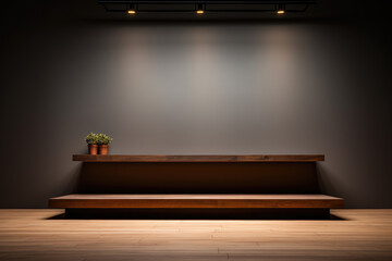 Hardwood bench, shelf placed in center of rectangular room with copyspace. Wooden rack empty with houseplants at edge, in dark room with targeted lighting on plants and natural wood texture