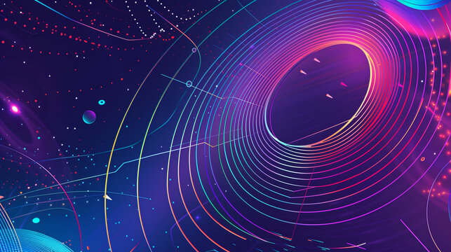 Abstract vector illustration of the wormhole, portal to another dimension with blue lines and colorful circular patterns on a purple background. In the style of retro futurism.