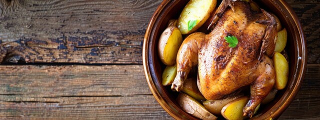 chicken broasted with potato Broasted chicken is battered and cooked in oil as well but deep fried in a pressure cooker. with copy space image. Place for adding text or design