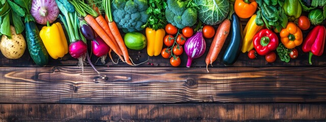 A Bountiful Array of Colorful Organic Fresh Vegetables on Rustic Wooden Background - obrazy, fototapety, plakaty