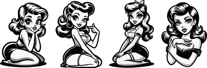 flirty small pin-up girls in various poses with big eyes, black pinup vector graphic shape, silhouette illustration