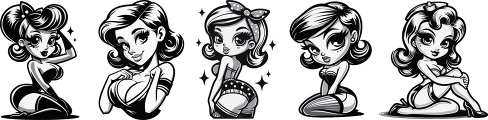 flirty small pin-up girls in various poses with big eyes, black pinup vector graphic shape, silhouette illustration - obrazy, fototapety, plakaty