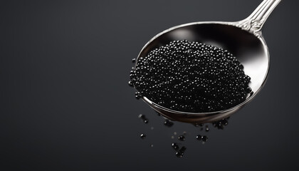 Black caviar. Sturgeon caviar. Black caviar in a metal spoon on a dark background. Copy space - obrazy, fototapety, plakaty