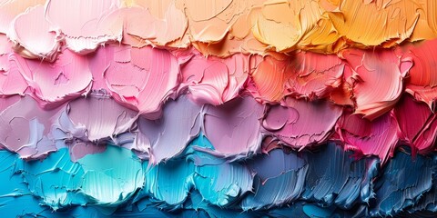Texture and vibrant colors of thick oil paint strokes transitioning from pink to blue shades