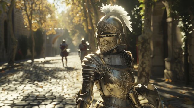 A hyper-realistic photograph of a women full frontal view, in full suit of plate armor