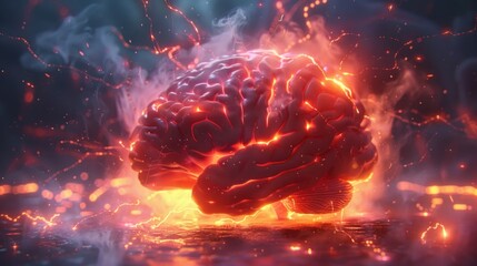 Electrifying art of a fully lit brain showcasing a high-energy depiction of cognitive functions like thinking and analyzing. - obrazy, fototapety, plakaty