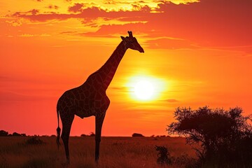 Elegant giraffe silhouetted against a vibrant sunset, A majestic giraffe standing tall, its graceful silhouette outlined against the backdrop of a breathtaking sunset